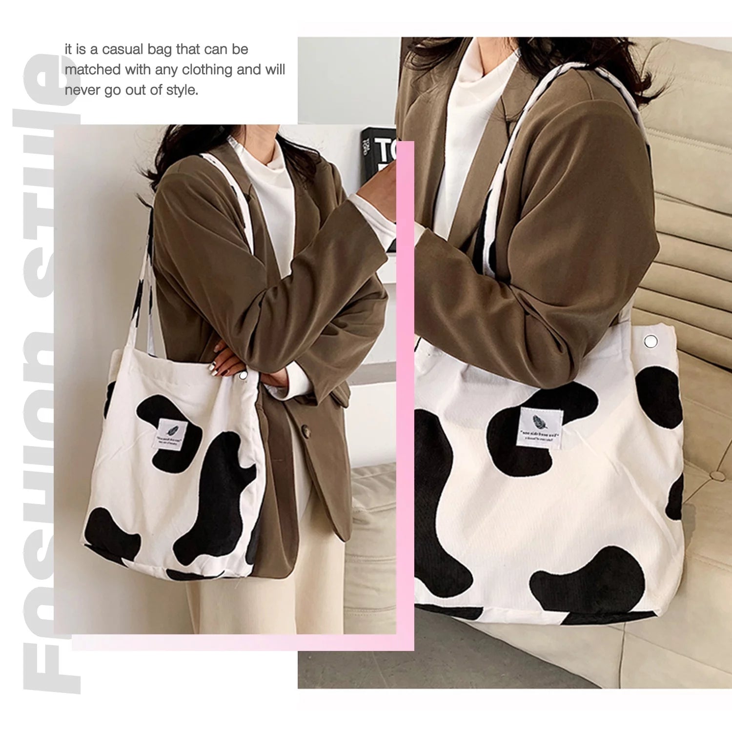 Corduroy Tote Bag with Inner Pocket, Large Canvas Shoulder Bag for Women and Girls