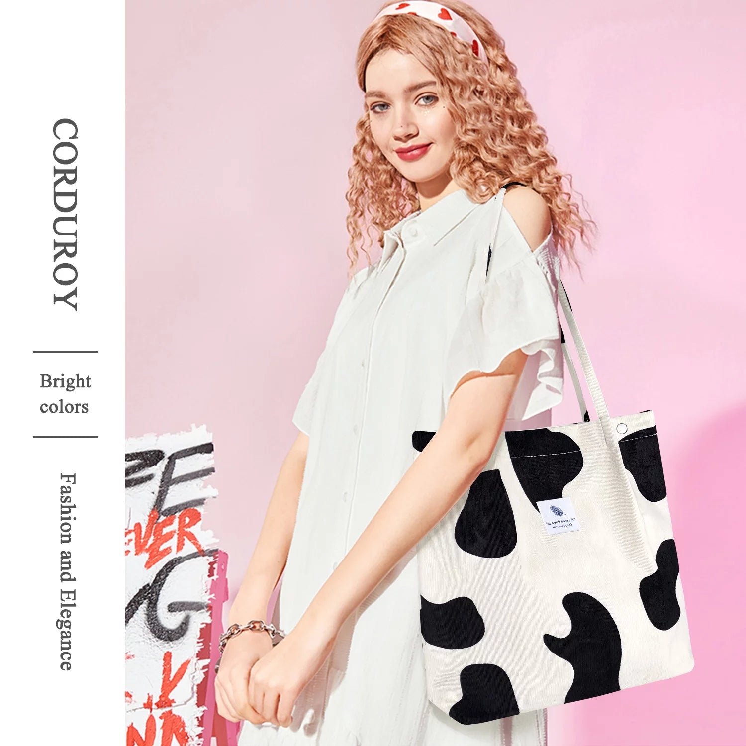 Corduroy Tote Bag with Inner Pocket, Large Canvas Shoulder Bag for Women and Girls
