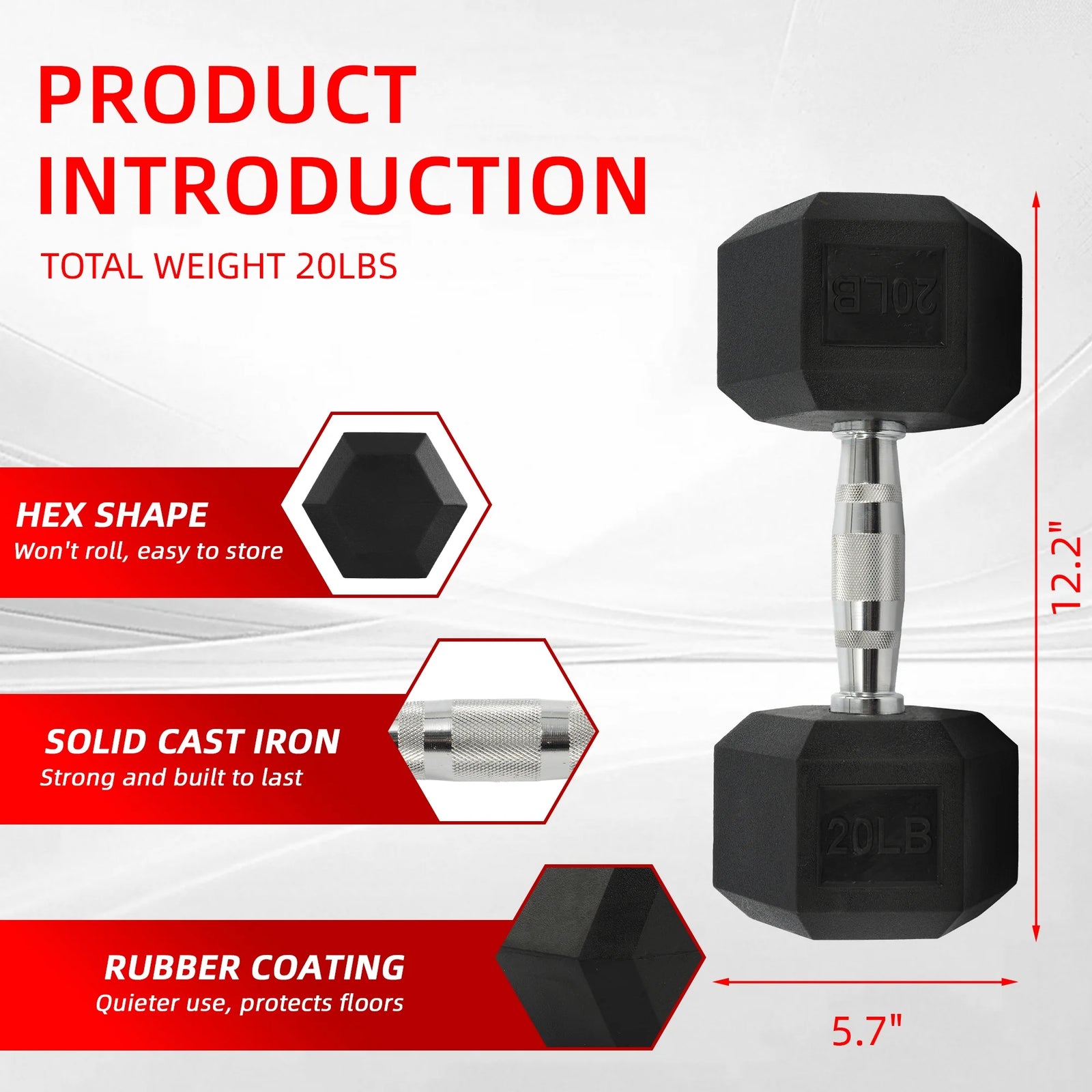 Rubber Encased Hex Dumbbell, 20 Lb, Single, Black